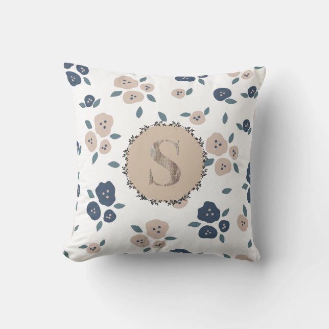 Monogram Farmhouse Floral Blue Tan Country Rustika Kissen (Vorderseite)