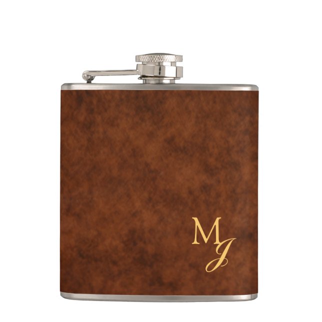 Monogram Faux Brown Leather Flask Flachmann (Vorderseite)