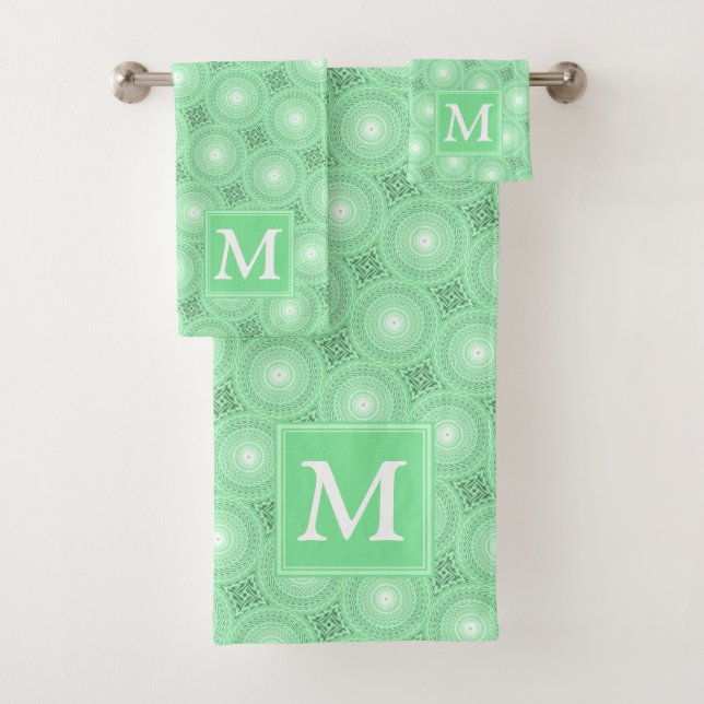 Monogram Federgrün Kreismuster Badhandtuch Set (Insitu)