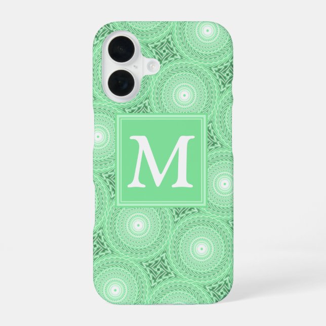 Monogram Federgrün Kreismuster iPhone 16 Hülle (Rückseite)