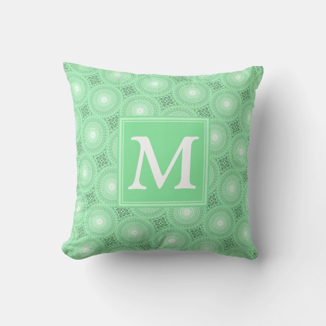 Monogram Federgrün Kreismuster Kissen (Vorderseite)