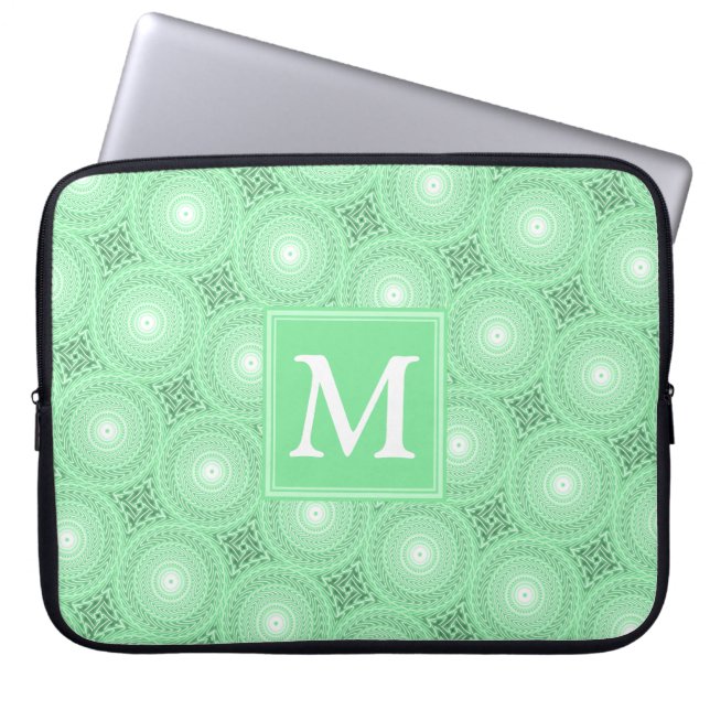 Monogram Federgrün Kreismuster Laptopschutzhülle (Vorderseite)