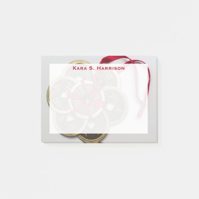 Monogram Feng Shui Chinese Coins Red Ribbon Post-it Klebezettel (Vorderseite)