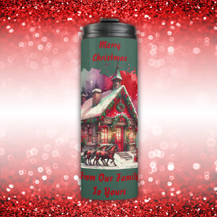 Monogram Festive Vintage Weihnachten auf grün Thermosbecher