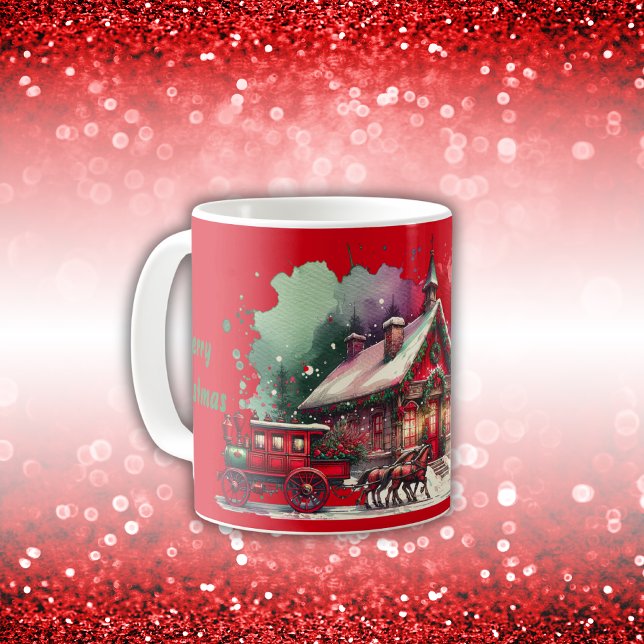 Monogram Festive Vintage Weihnachten auf rot | Kaffeetasse (Von Creator hochgeladen)