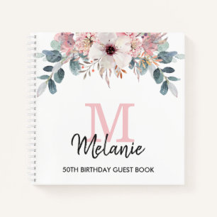Monogram Floral 50th Birthday Party Guest Book Notizbuch