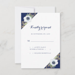 Monogram Floral Anemone Blue White Wedding RSVP Karte
