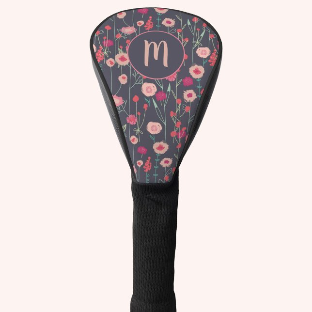 Monogram Floral Black Pink Boho Golf Headcover (Boho wildflower painting personalized initial monogram dark golf head cover)