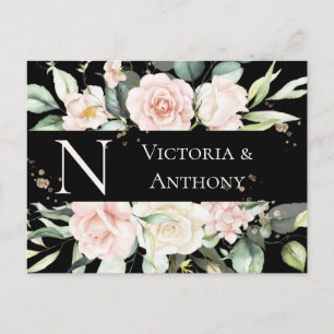 Monogram Floral Black Wasserfarbe Save the Date Postkarte