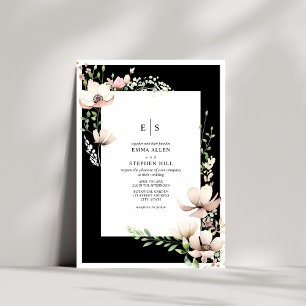 Monogram Floral Black & White Botanical Wedding Einladung