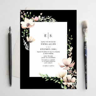 Monogram Floral Blush Black Botanical Wedding Einladung