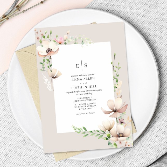 Monogram Floral Blush Off White Botanical Wedding Einladung (Von Creator hochgeladen)