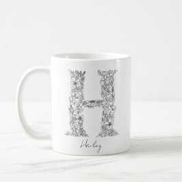 Monogram floral Botanischer Schwarz-weißer Letter  Kaffeetasse