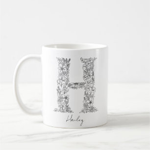 Monogram floral Botanischer Schwarz-weißer Letter Kaffeetasse