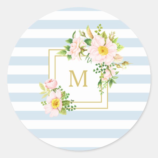 Monogram Floral Chic Pastel Blue Stripes Round Runder Aufkleber (Vorderseite)