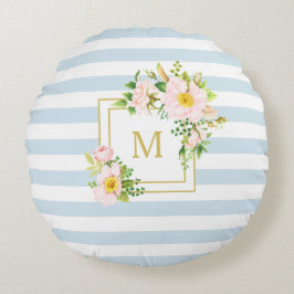 Monogram Floral Chic Pastel Blue Stripes Round Rundes Kissen