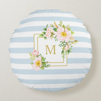 Monogram Floral Chic Pastel Blue Stripes Round Rundes Kissen