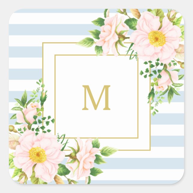 Monogram Floral Chic Pastellblauer Streifen Quadratischer Aufkleber (Vorderseite)