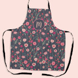 Monogram Floral Dark Schürze<br><div class="desc">Hübsches bohoboles lockes rosa Blumengemälde auf dunkelgrauem Hintergrund. Ändern Sie das Monogramm initial, um es anzupassen.</div>