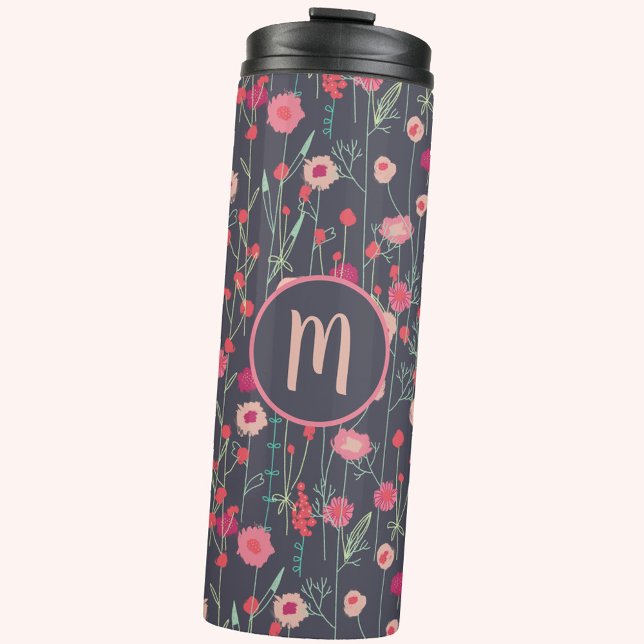 Monogram Floral Dark Thermosbecher (Boho floral pink and charcoal gray personalized monogram thermal tumbler)
