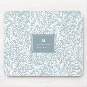 Monogram floral Foliage Dusty Blue White Elegant Mousepad
