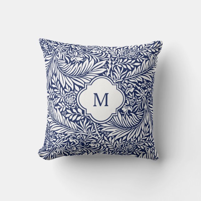 Monogram Floral Foliage William Morris Blue White Kissen (Vorderseite)