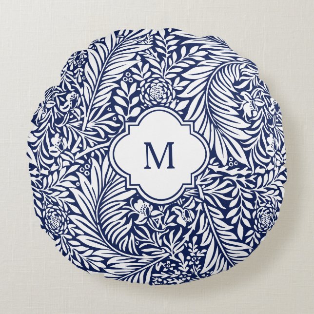 Monogram Floral Foliage William Morris Blue White Rundes Kissen (Vorderseite)