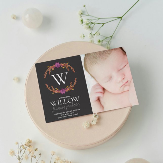Monogram Floral Foto Neugeborene Personalisiert Ankündigung (Von Creator hochgeladen)