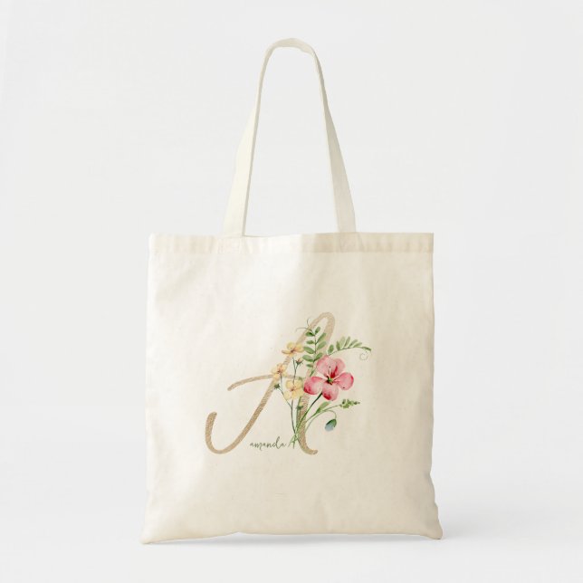 Monogram Floral Gold Initial A mit Name Tote Bag Tragetasche (Vorne)