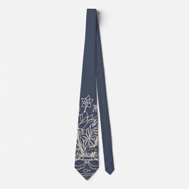 Monogram Floral Hand Drawn Powman Navy Beige Krawatte (Vorderseite)