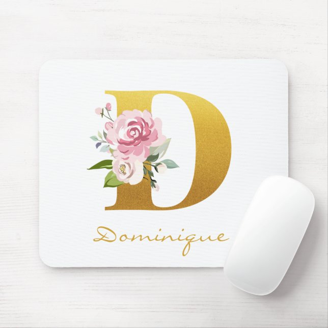 Monogram Floral Imitats Goldener Name Erstpersonal Mousepad (Mit Mouse)