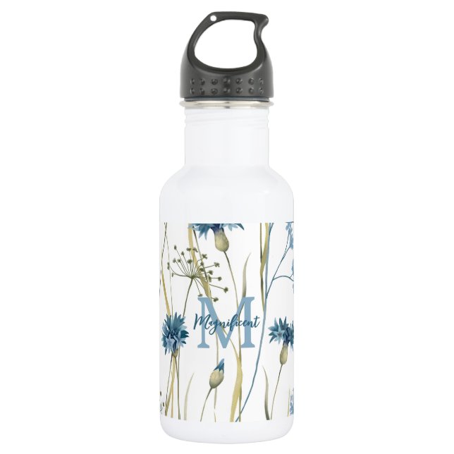 Monogram Floral Light Blue Edelstahlflasche (Vorderseite)