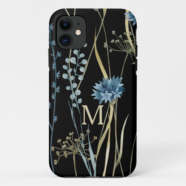 Monogram Floral Light Blue & Gold auf Black Case-Mate iPhone Hülle (Rückseite)