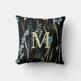Monogram Floral Light Blue & Gold auf Black Kissen