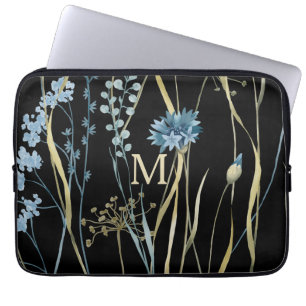 Monogram Floral Light Blue & Gold auf Black Laptopschutzhülle