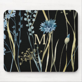 Monogram Floral Light Blue & Gold auf Black Mousepad