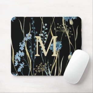 Monogram Floral Light Blue & Gold auf Black Mousepad