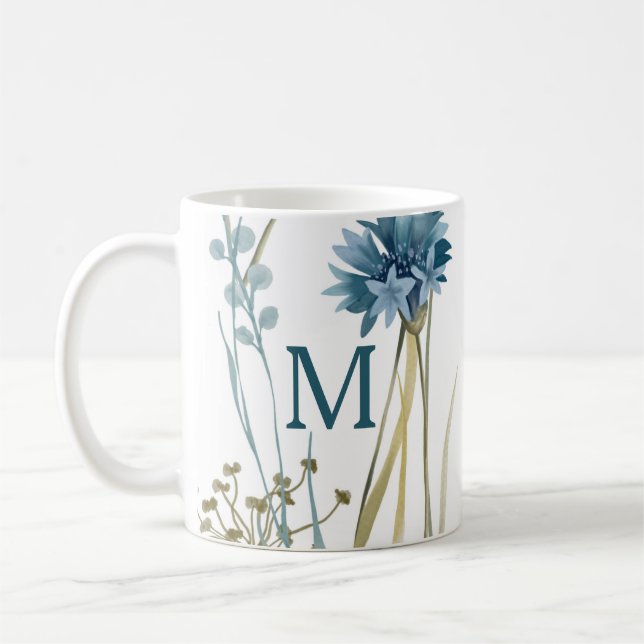 Monogram Floral Light Blue Gold auf Weiß Kaffeetasse (Links)