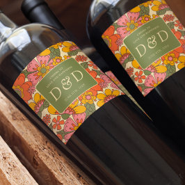 Monogram Floral Pattern Retro Boho 70er Wedding Weinetikett