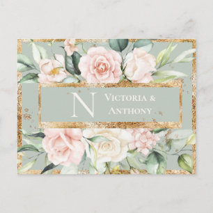 Monogram Floral Pink Gold Aquarell Danke Postkarte