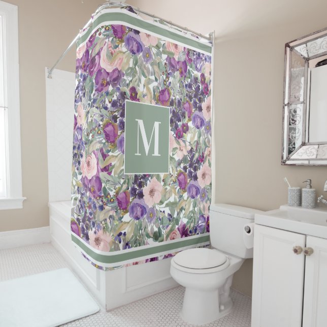 Monogram Floral Pink Lila Boho Green Duschvorhang (Beispiel)