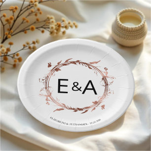 Monogram Floral Rose Gold Foil Wedding Pappteller