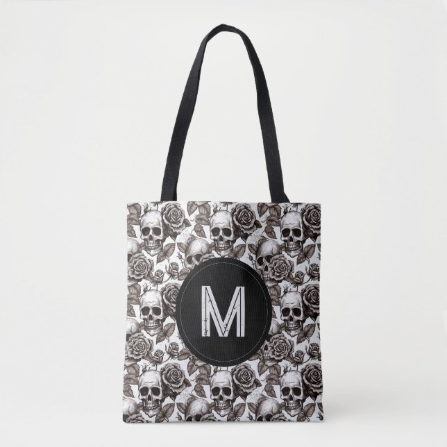 Monogram Floral Skull Schwarz-weiß Halloween (Vorderseite)