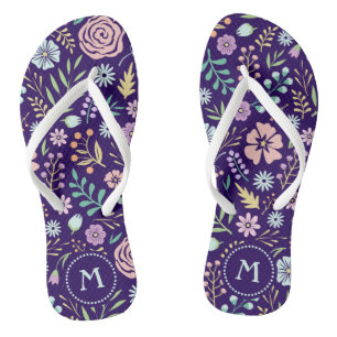 Monogram Floral Whimsical Boho Muster Flip Flops
