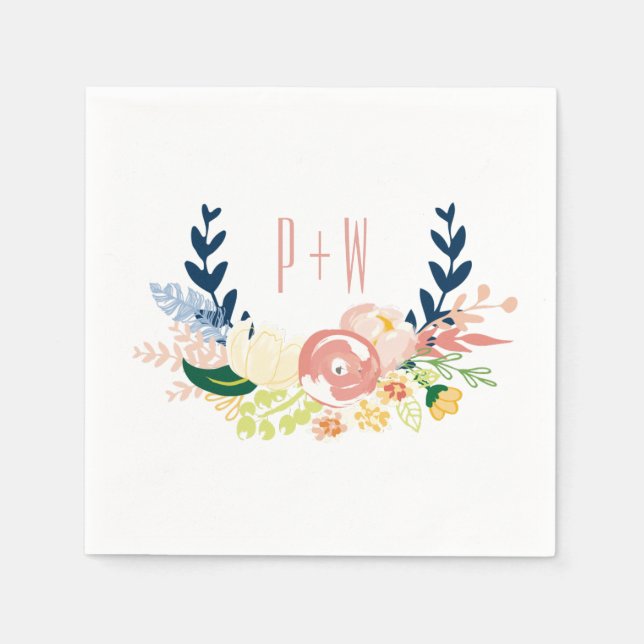 Monogram Floral Wreath | Cocktail Napkin Serviette (Vorderseite)