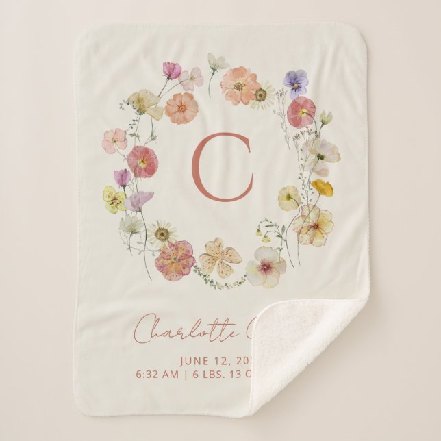 Monogram Floral Wreath Watercolor Geburtsstunde Sherpadecke (Vorderseite)