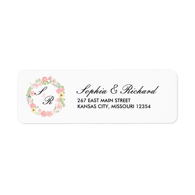 Monogram Floral Wreath Wedding Address Label (Vorne)