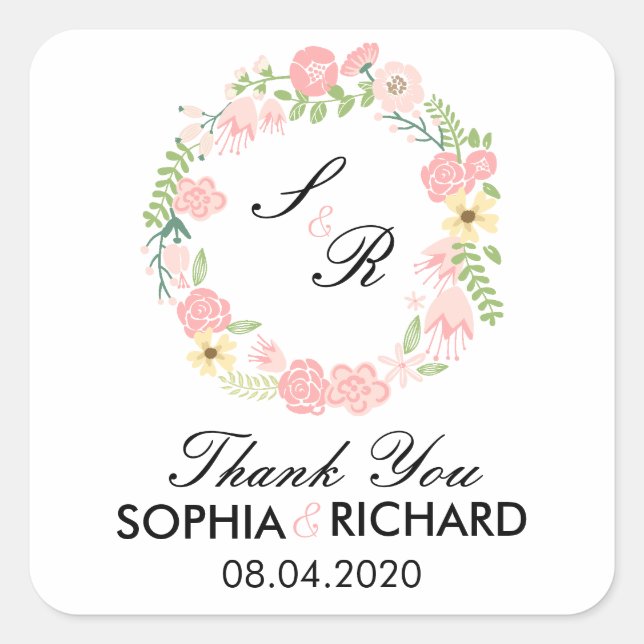 Monogram Floral Wreath Wedding Dankeschön Sticker (Vorderseite)