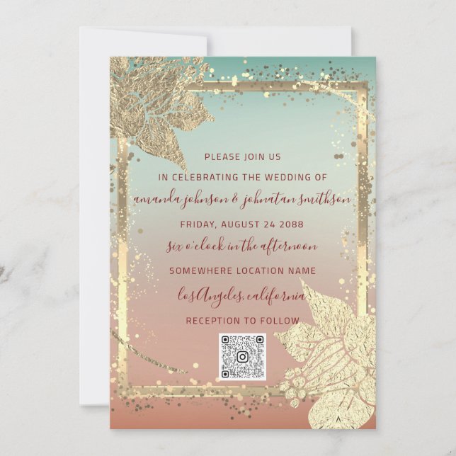 Monogram Florals Imitate Gold Frame QR Code Ombre Einladung (Vorderseite)