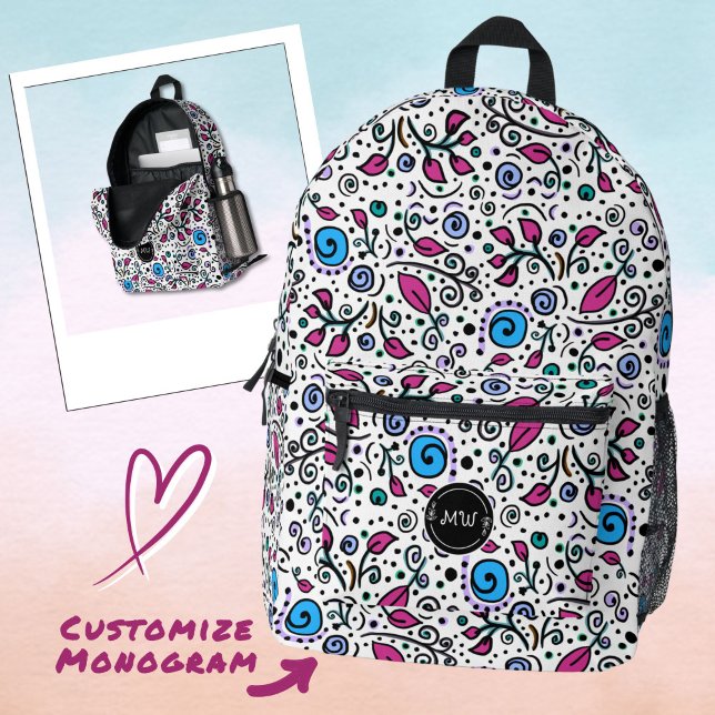 Monogram Flower Pattern blue Swirl Berry White -  Bedruckter Rucksack (Von Creator hochgeladen)